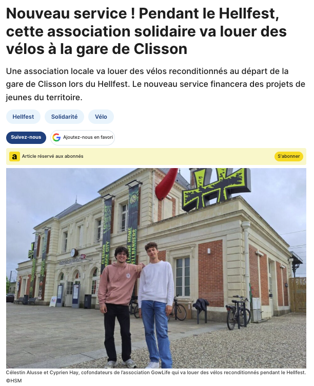 Article actu.fr : nouveau service de location de velos a la gare de Clisson