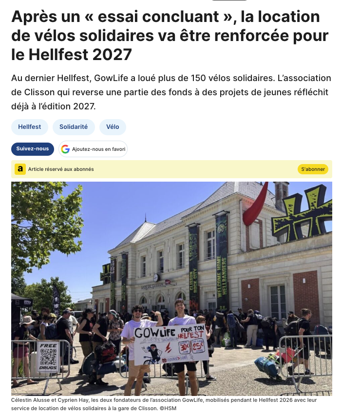 Article actu.fr : la location de velos solidaires renforcee pour le Hellfest 2027