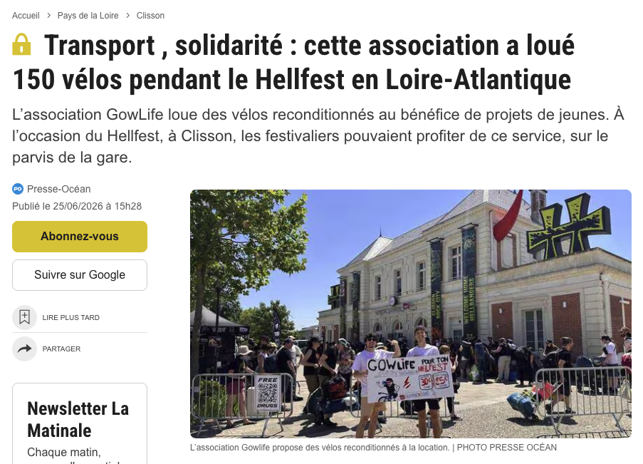 Article Ouest-France / Presse Ocean : 150 velos loues pendant le Hellfest
